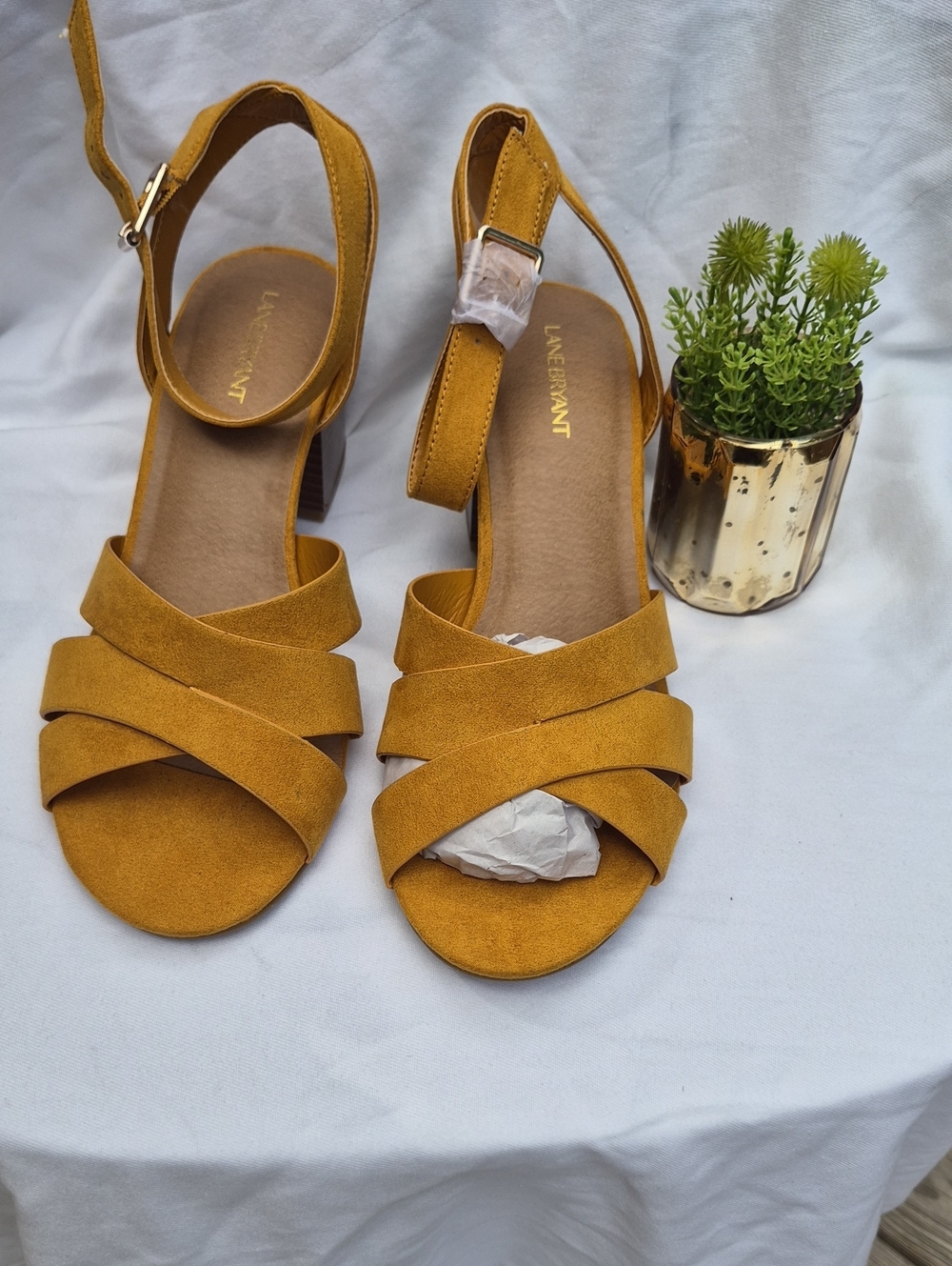 Lane Bryant Mustard Suede Crisscross Block Heel Sandals